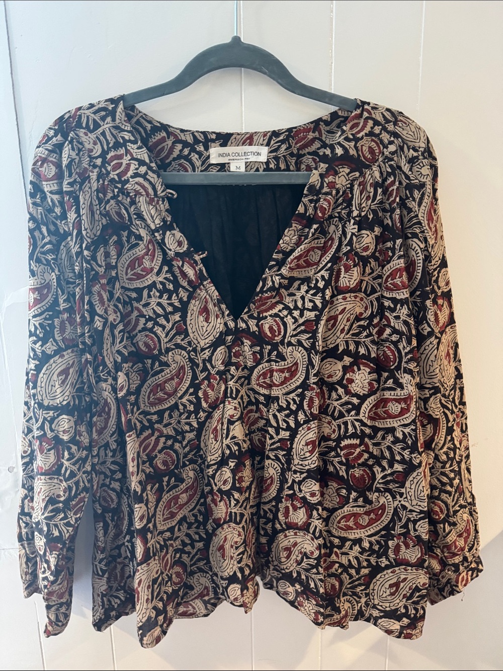 Emerson Fry Black Paisley V-Neck Blouse with Red and Cream Motif